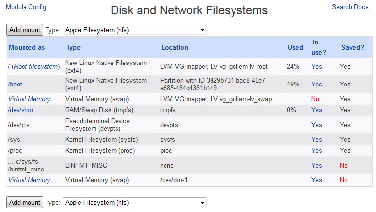 Webmin Disk ve Ağ Dosya Sistemleri